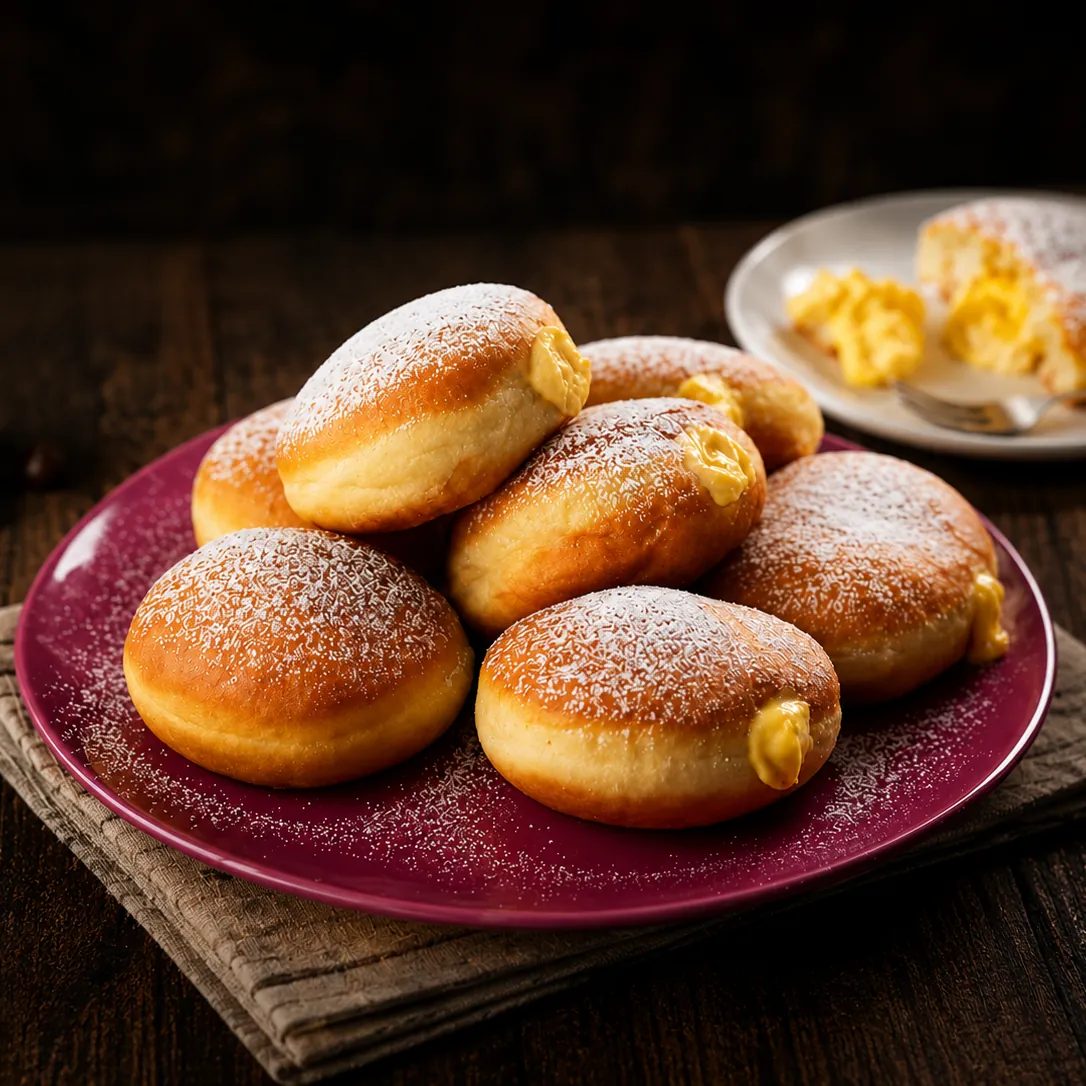 Cream-filled doughnuts dusted with sugar on a plate