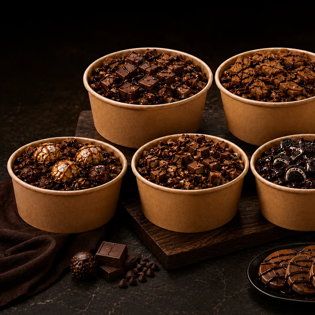 Kraft tubs packed with chocolate chunks, wafers and sauce